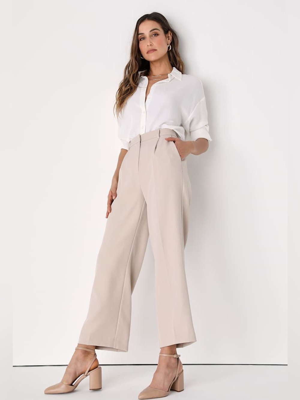 NWT Lulus Beige Cream Straight-Leg Trousers Size Small
